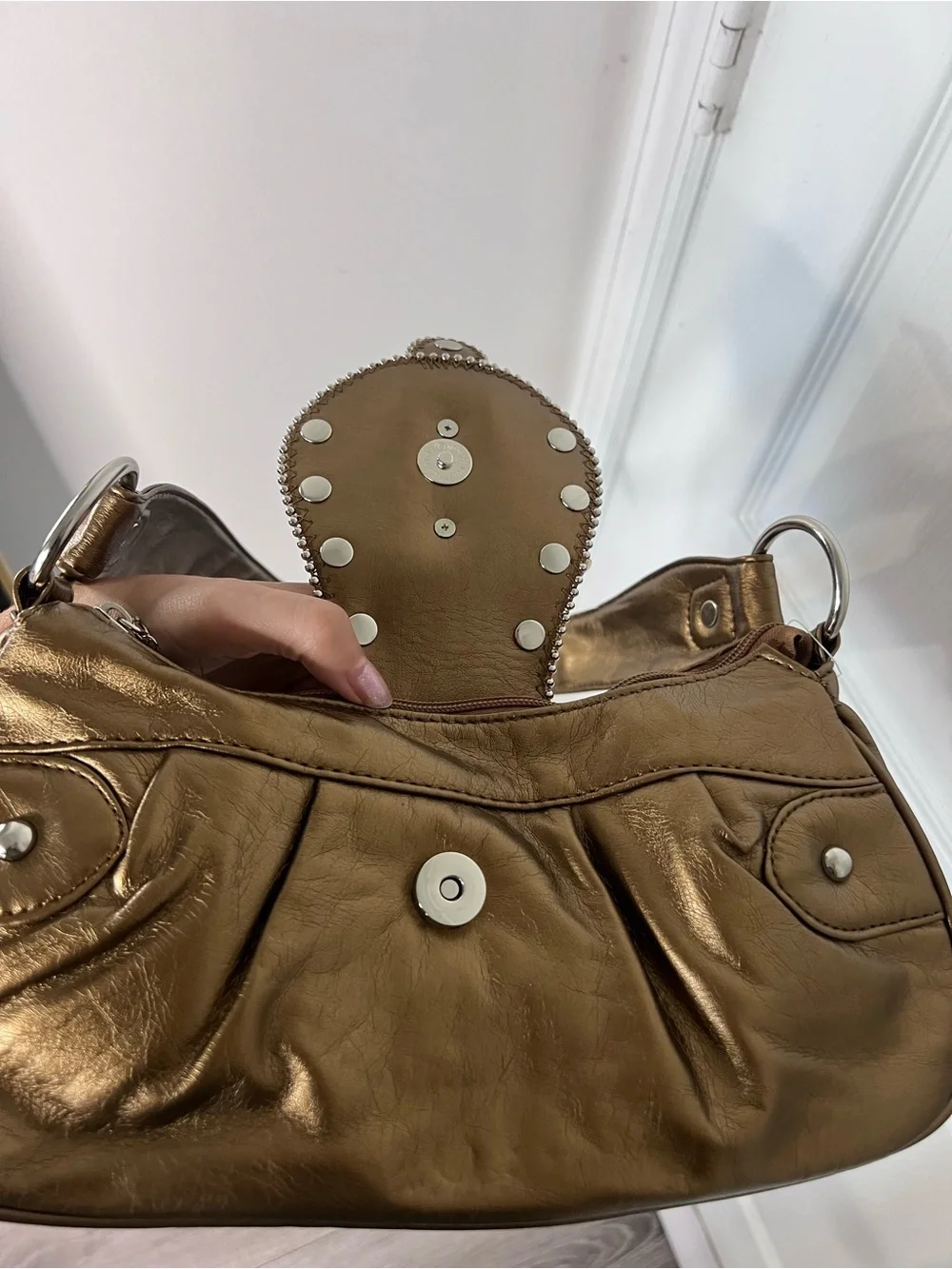 Fleur de Lis shoulder bag Metallic Bronze Shoulder Bag with Jeweled Fleur-de-Lis